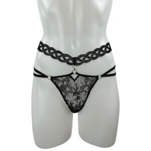 Aubade Women's Black Lace Strappy Crotchless Garter Belt Thong Underwear Panty S